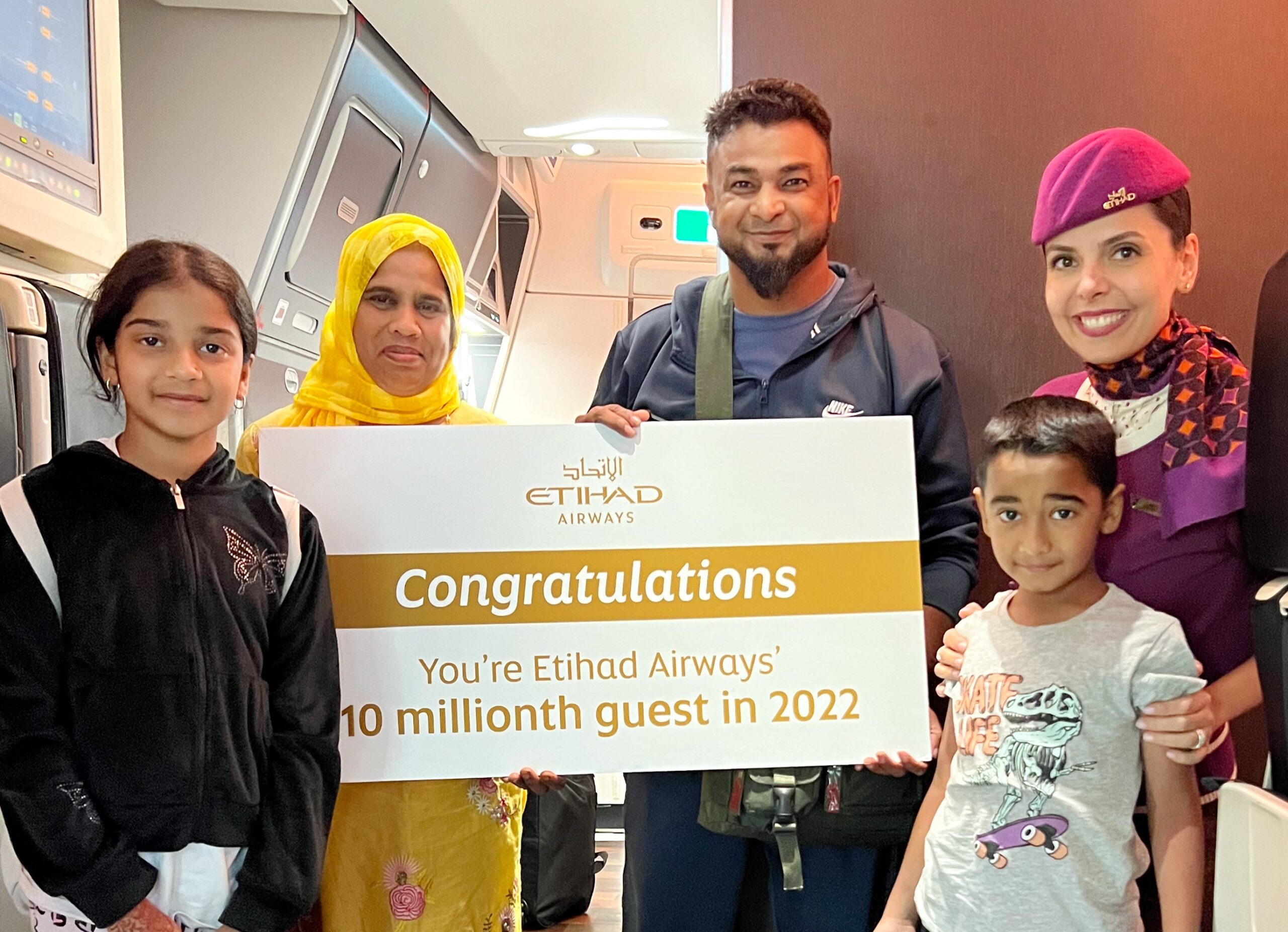 Etihad Airways' 10 millionth passenger is surprised onboard flight EY205